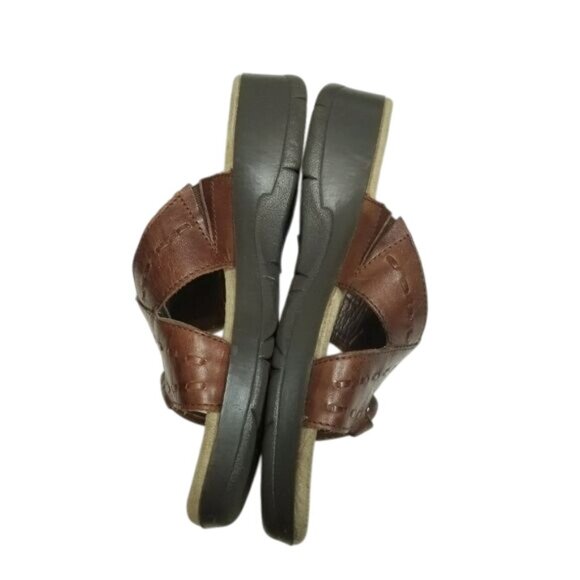 Dr. Scholls Brown Leather Slip-On Sandals Size 7 Cushioned Sole Stitch Detail - Picture 10 of 12